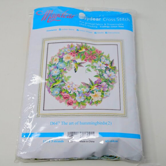Maydear Cross Stitch Pre-Printed Stamped Kit D647 Art of HUMMINGBIRDS - Picture 1 of 3